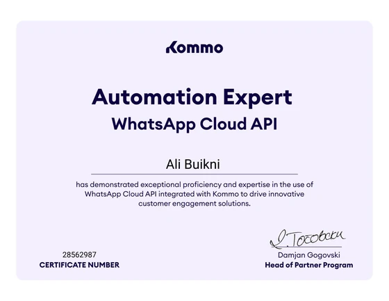 Kommo Automation Expert certificate (WhatsApp Cloud API) awarded to Ali Buikni