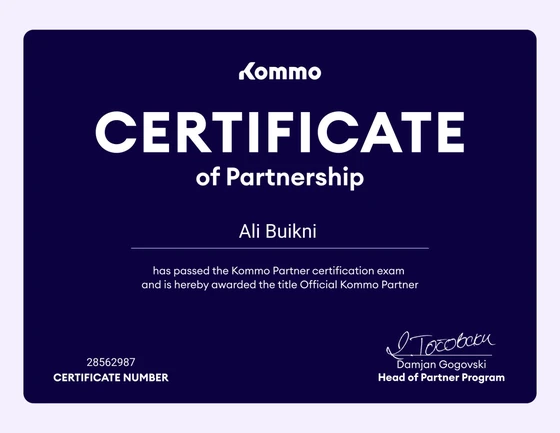 Kommo Certificate of Partnership awarded to Ali Buikni